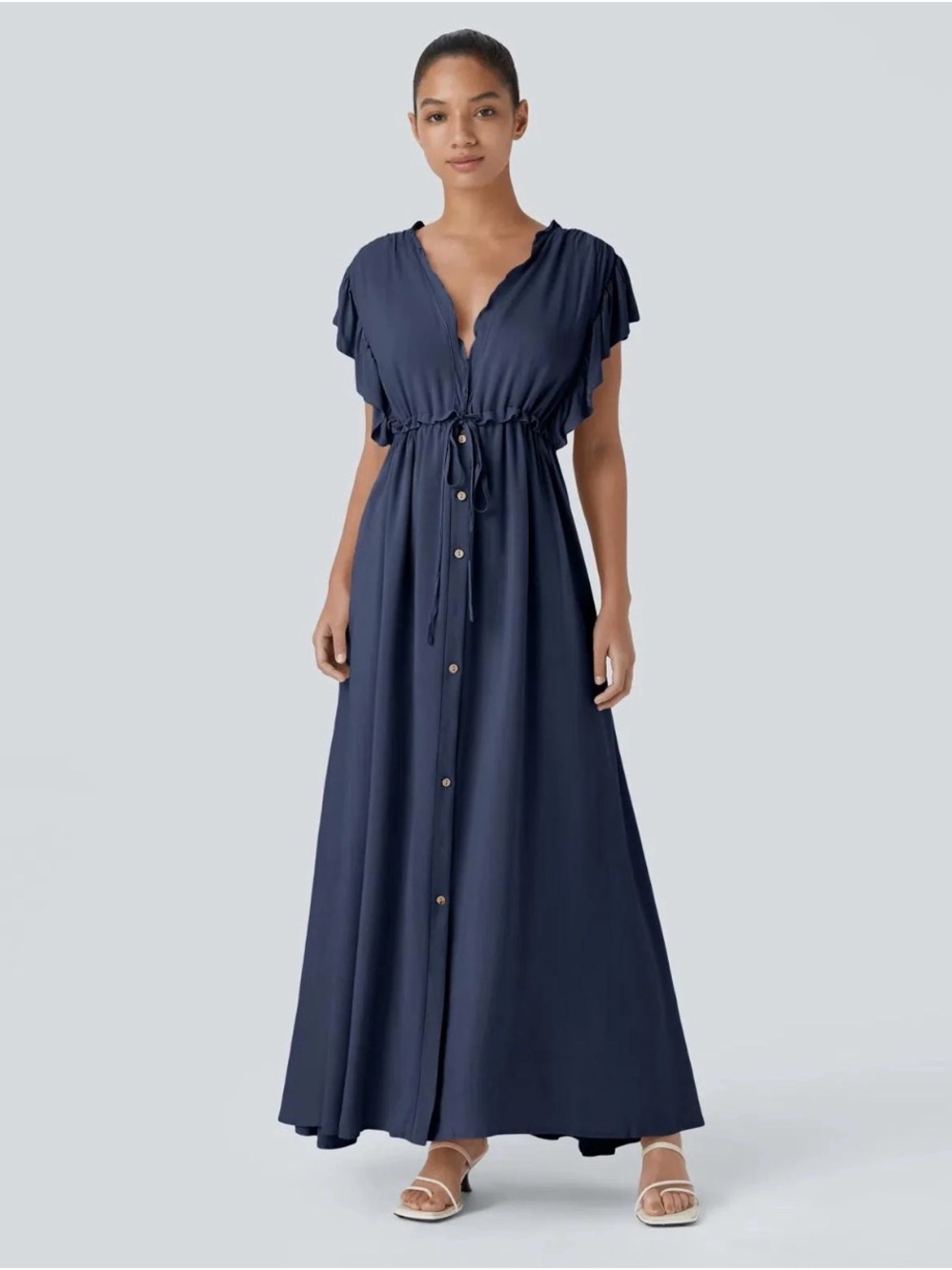HALARA V-neck Butterfly DressNavy Button-Front Maxi Dress with Drawstring Waist - Picture 1 of 5